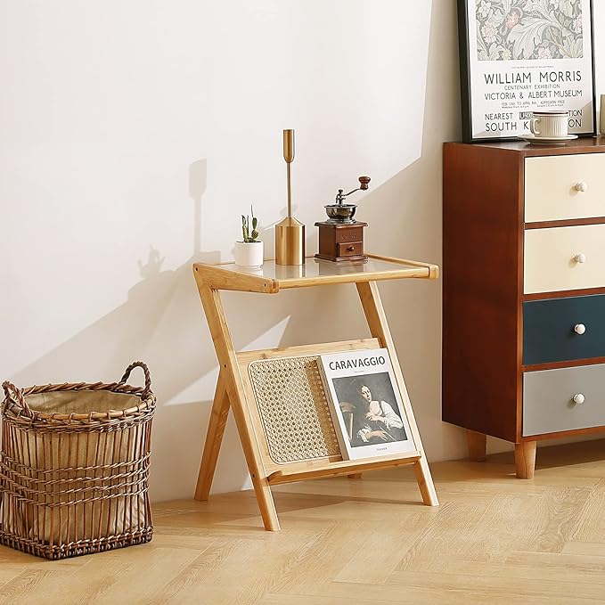 Tiita Rattan Side Table, Mid Century Nightstand, Bamboo Accent Bedside Tables, Glass Coffee Tables, Boho Wooden End Table with Storage for Small Space, Living Room and Bedroom