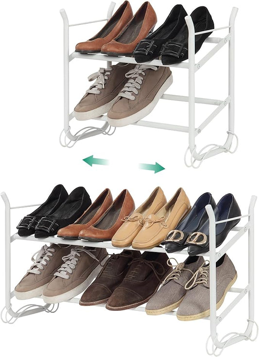 SunnyPoint Expandable & Stackable 2-Tier Shoe Rack – Adjustable Shoe Organizer for Entryway, Closet or Bedroom, Holds 4 to 8 Pairs, Space-Saving Metal Shoe Storage Shelf (17.5"–31.49" W) (WHT, 2 Tier)-NeatNest