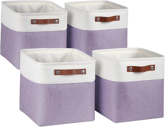 Univivi 10.5 Inch Fabric Cube Bins with Hard Bottom, 4 Pack Storage Baskets with PU Handles for Shelves Closet Foldable Storage Bins for Organizing (Purple,10.5" x 10.5" x 11")-NeatNest