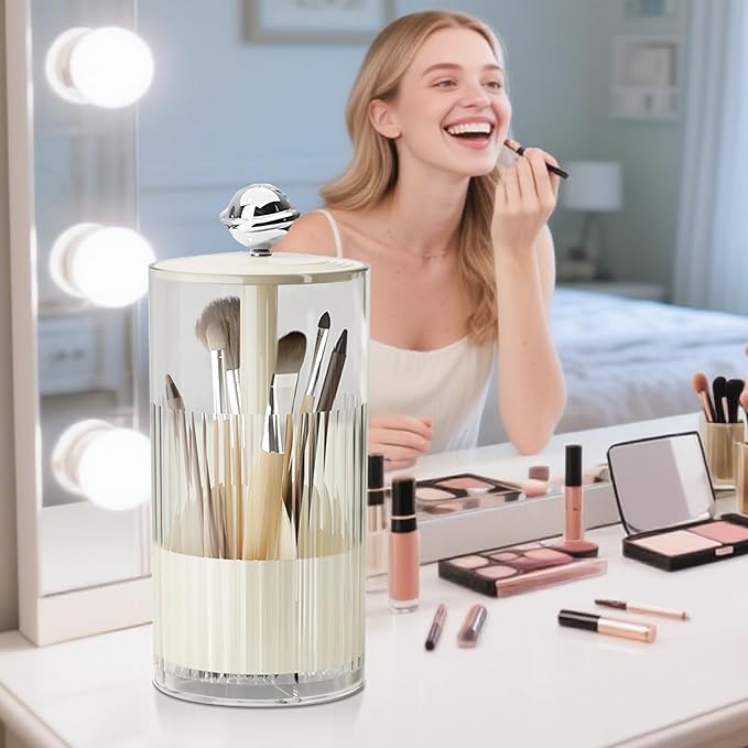 Makeup Brush Holder [Upgrade] with One Touch Open,Makeup Organizer Countertop with Dustproof Lid,Clear Makeup Organizers for Vanity, Desktop, Bathroom (White)-NeatNest