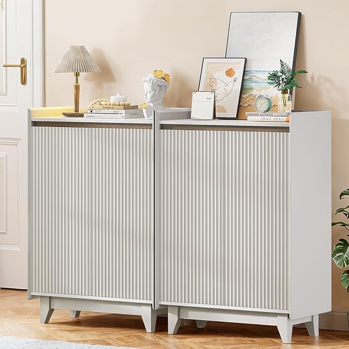 White Shoe Cabinet for Entryway, 5-Tier Shoe Storage Cabinet with Doors and Shelves, 43.7" Tall Fluted Shoe Storage Organizer Cabinet, Wooden Shoe Rack Organizer for Hallway Closet-NeatNest