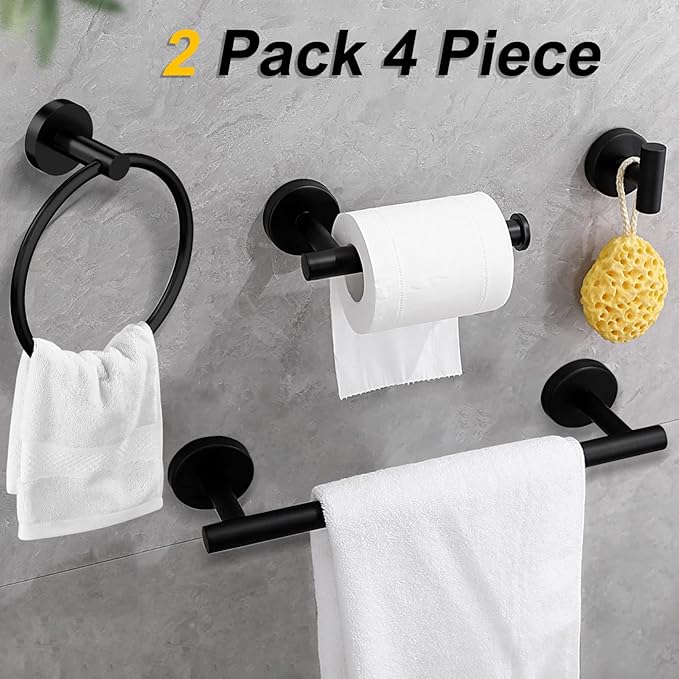 Cilee 8 Piece Matte Black Bathroom Hardware Set, 24inch Bathroom Towel bar+Towel Ring+Toilet Paper Holder+ Robe Towel Hook, SUS304 Stainless Steel Bathroom Accessory Set-NeatNest