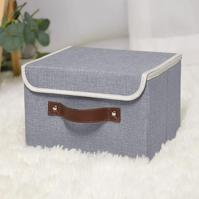 ANMINY 4PCS Storage Bins with Lid PU Leather Handles Storage Boxes PP Plastic Board Decorative Foldable Lidded Cotton Linen Fabric Home Cubes Baskets Closet Organizer Containers - Gray, Small Size-NeatNest