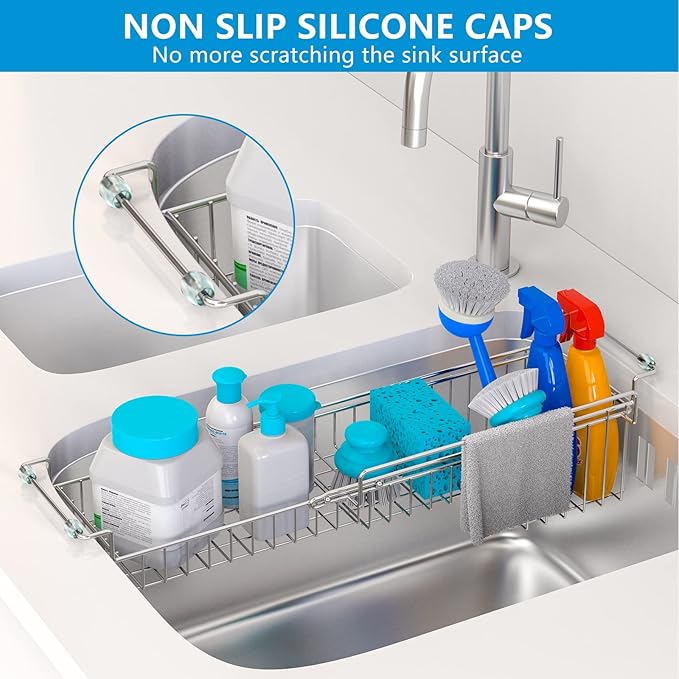 Over The Kitchen Sink Caddy Sponge Holder Organizer Drying Rack Expandable for Sponge Brush Soap Dish Cloth Rag Smaller 14.5" to 22", Stainless Steel-NeatNest