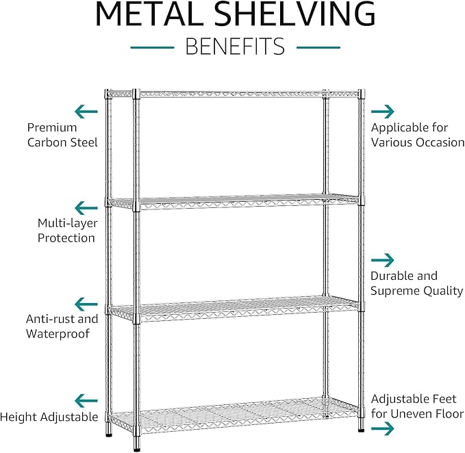 IZEUK 1400 LBS Garage Chrome Shelving Wide Storage Shelves 4 Tier Adjustable Heavy Duty Metal Wire Rack Standing Shelf Unit for Kitchen Office College Dorm Garage Warehouse 15.8" x 45.8"x 59.4"-NeatNest