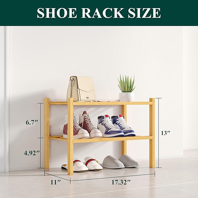 Smiry Shoe Rack, 2 Tier Small Bamboo Shoe Organizer, Stackable Free Standing Wooden Shoe Storage Shelf for Closet, Entryway, Front Door Entrance, Natural-NeatNest