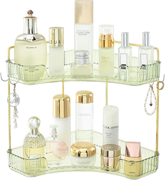 2 Tier Plastic Bathroom Counter Organizer with Hooks,Corner Vanity Tray and Makeup Storage Shelf for Sink, Countertop (Green Gold)-NeatNest