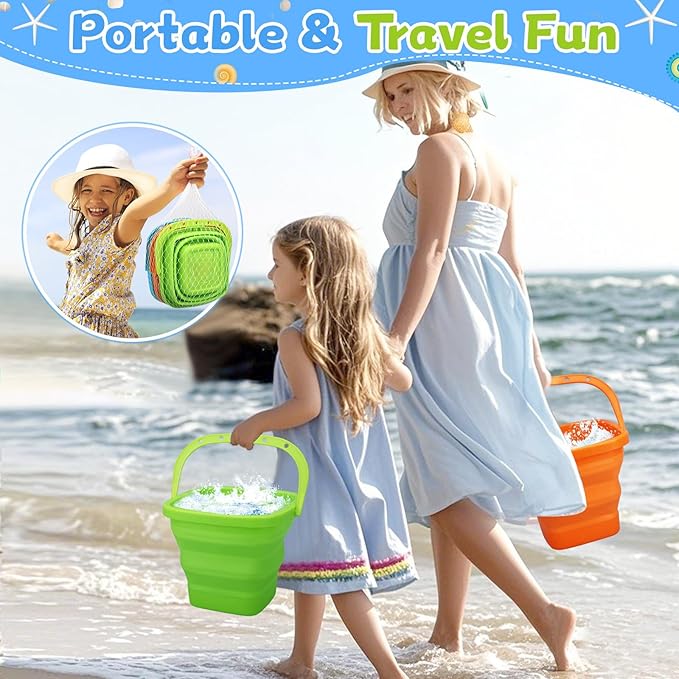 Jumbo Beach Sand Bucket Toy for Kids, 3L Collapsible Sandbox Pail, Easter Buckets, 3 Pack Multi Use Tool for Garden, Planting, Camping, Storage Fishing, Washing, Summer Holiday Travel Birthday Gifts-NeatNest