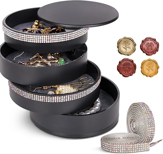 CONBOLA Jewelry Holder Organizer, Christmas Gifts Ideas for Women, Small Jewelry Storage Box Earring Holder, 5-Layer Rotating Jewelry Storage Tray with Lid for Bracelets Rings Bracelets-NeatNest