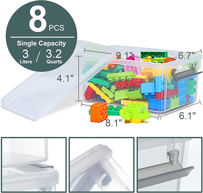 Citylife 8 Packs Small Storage Bins with Lids 3.2 QT Plastic Storage Containers for Organizing Stackable Clear Storage Boxes-NeatNest