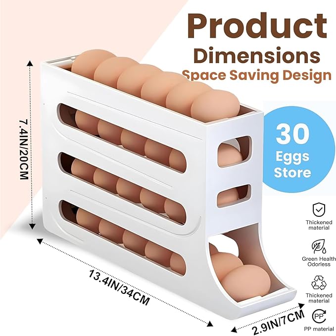 30 Eggs Fridge Dispenser 4 Tier Egg Holder for Refrigerator Countertop Container Large Capacity Auto Rolling Tray Organizer Storage Automatic Distributor Rack Space Saving for Kitchen
