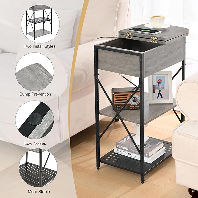 Narrow End Table with Charging Station, Grey Side Table with 3 USB Ports and 2 AC Outlets, Flip Top End Table with Storage, Bedside Table with Drawer, Side Tables Living Room, Bedroom
