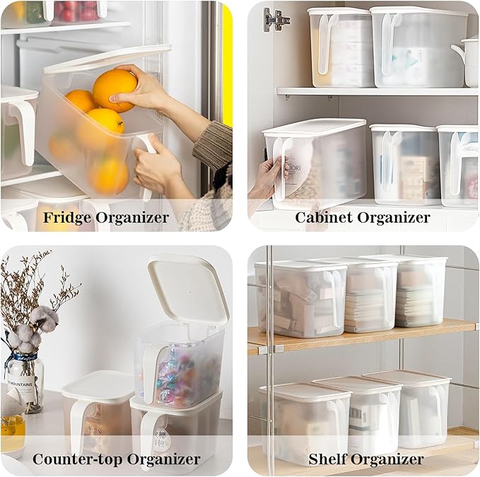MineSign 4Pack 8L Plastic Storage Containers with Lid Large Square Food Storage Organizer Stackable Refrigerator Organizer with Handle Kitchen Containers for Fruits Vegetables Meat Egg