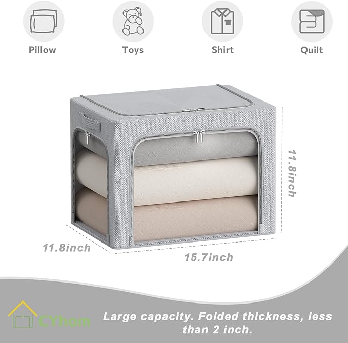 3 Openings Clothes Storage Bins Box - 3Pack Stackable Foldable Bin With Metal Frame - Clothing Organizer With Clear Window, Carry Handles (36L-15.7x11.8x11.8in, Light Grey)-NeatNest