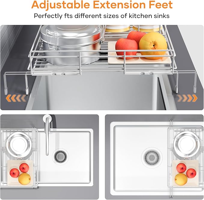 Dish Drying Rack for Kitchen Counter, Extendable Dish Rack with Drainboard, Kitchen Countertop 2 Tier Dish Drying Rack, Expandable Dish Strainer with Cutlery Holder, Removable Cutlery Holder（White）