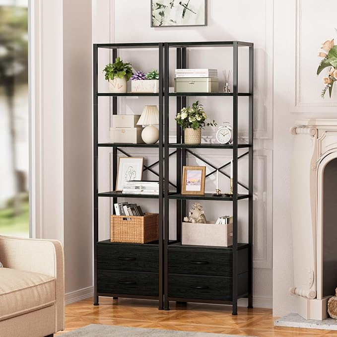Furnulem 5-Tier Corner Shelf, Narrow Bookshelf with 2 Storage Drawers, 65.16" Tall Bookcase, Standing Shelf Organizer Unit for Living Room, Bedroom, Metal Frame, Wood Display Shelf(Black Oak)