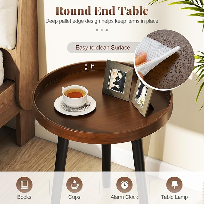 Giantex Round End Table Set of 2, Mid Century Modern Side Tables with Wooden Tray & Bamboo Legs, Sofa Couch Accent Table, Small Coffee Table for Small Space Living Room, Nightstand for Bedroom, Walnut