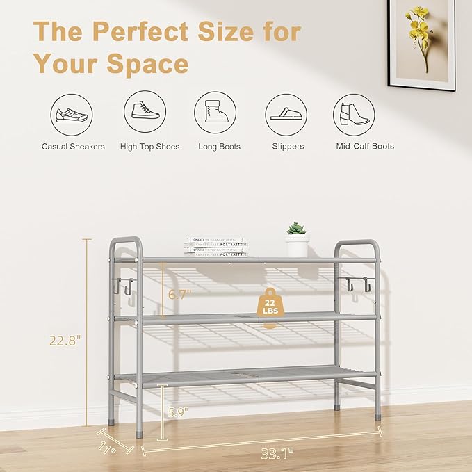 3 Tier Shoe Rack 33" Wide Metal Shoe Organizer Long Shoe Storage with 4 Side Hooks Sturdy Shoes Shelf for Front Door Entrance, Closet, Garage, Dorm, Grey-NeatNest