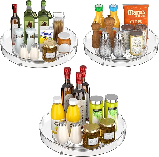 Benzoyl Lazy Susan Spice Rack, 3 Pack 10.6'' Round Plastic Clear Rotating Turntable Organization, Spinning Organizer Spices Condiments Container Bins for Cabinet, Pantry, Fridge, Countertop, Kitchen