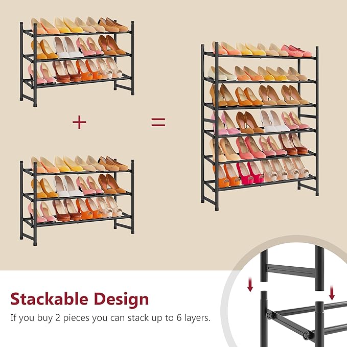 Tajsoon Expandable Shoe Rack for Closet 3 Tier, 28“-41“Adjustable & Stackable Shoe Shelf Storage, Metal Shoe Rack Organizer for Front Door Entrance, Closet, Garage, Entryway, Black-NeatNest