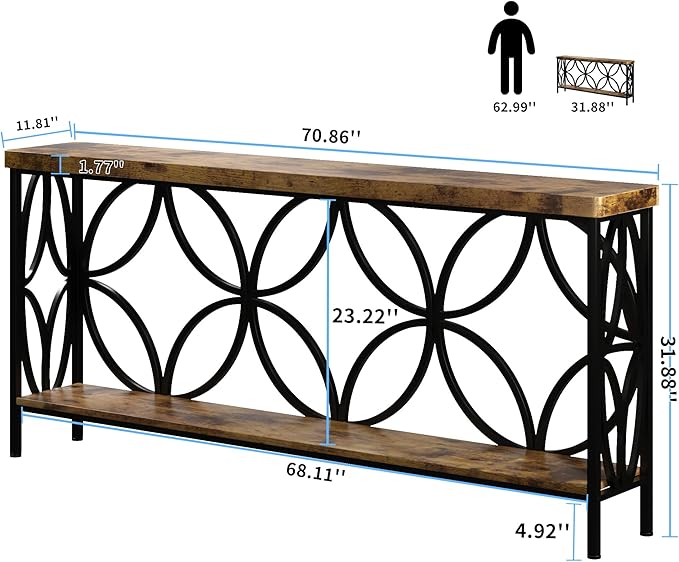 karlott 70.9 inch Extra Long Console Table, Industrial Sofa Table Behind Couch with 2 Tier Storage Shelf, Narrow Long Entryway Table for Living Room, Foyer, Hallway, Office, Rustic Brown-NeatNest
