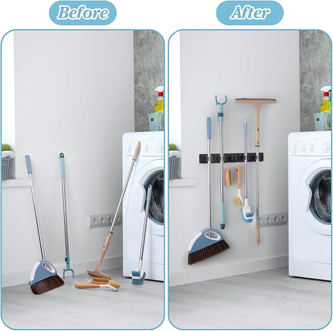 Black Broom Holder Wall Mount - Heavy Duty Wood Mop and Broom Organizer with 5 Slots & 4 Hooks - Sturdy Garden Tool Hanger for Laundry Room Closet Kitchen Garage Storage and Organization-NeatNest