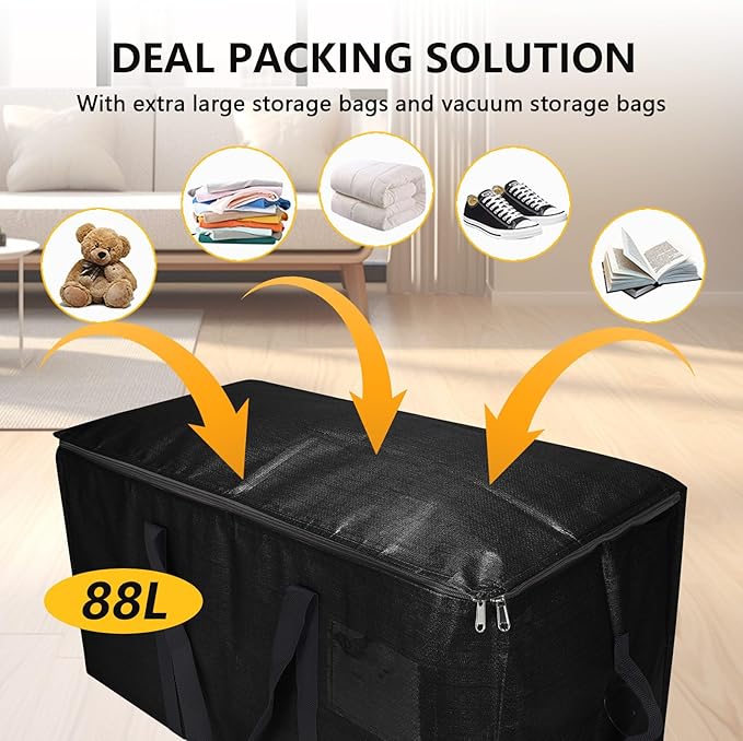 Extra Large Storage Bags Set Heavy Duty Moving Totes with Handles & Clear Tag Pocket, Waterproof Dual-Way Carrying Design College Moving Supplie, (Black, 14 Park-4 Moving bag & 10 Vacuum Seal Bags)