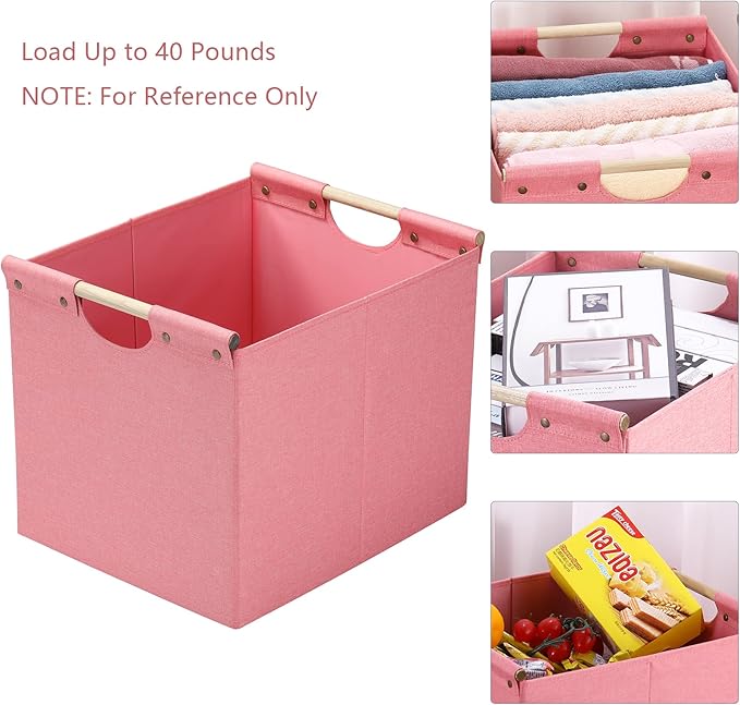 HOONEX Large Foldable Storage Bins, Linen Fabric, Pack of 2, Storage Baskets with Wooden Carry Handles and Sturdy Heavy Cardboard, for Home, Office, Car, Nursery, Pink