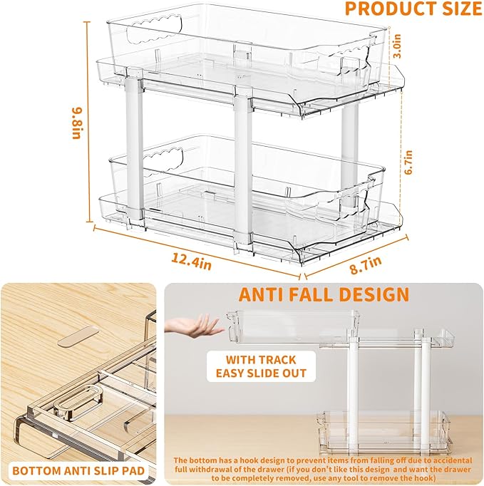Yieach 2 Pack 2 Tier Under The Sink Organizer With Track,9.8 Inch Tall Bathroom Cabinet Organizer,Clear Under Sink Pull Out organizer for Kitchen,Vanity,Counter,Vanity,Medicine,Makeup,Hair Products-NeatNest