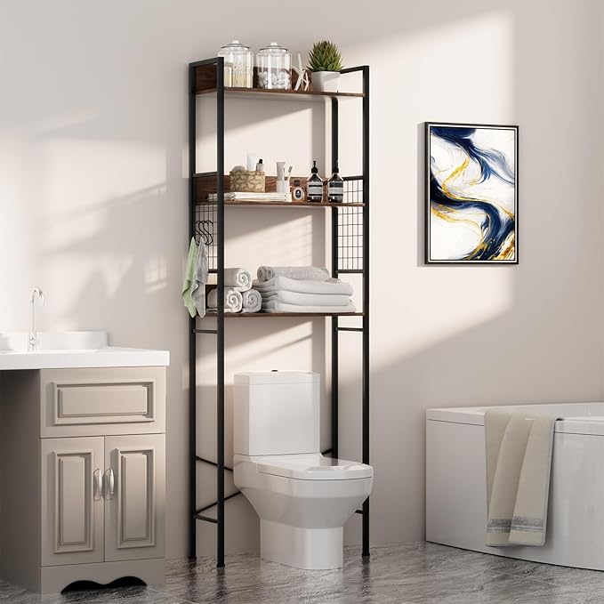 Giantex Over-The-Toilet Storage Shelf, 3-Tier Bathroom Space Saver with 3 Hooks, Industrial Tower Rack for Restroom, Kitchen, Freestanding Bathroom Organizer (Rustic Brown)
