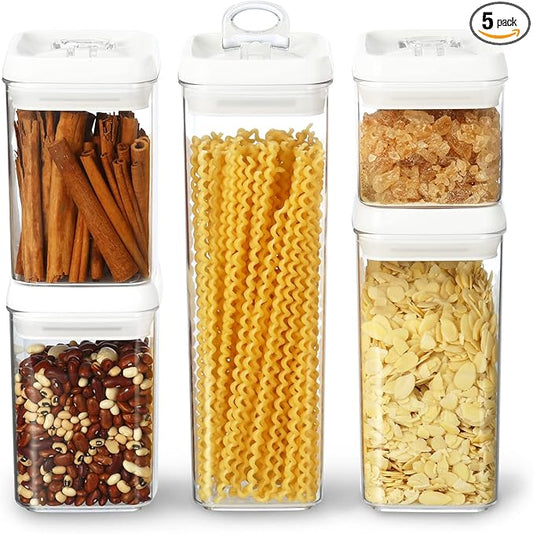Felli Flip Tite Storage Container with Lid 4" Airtight Ring Seal Top, Stackable Acrylic Canister Jar Set for Kitchen Pantry Organizer, Food Spice Pasta Cereal Snack, Gifts for Women (5pk, Variety)-NeatNest