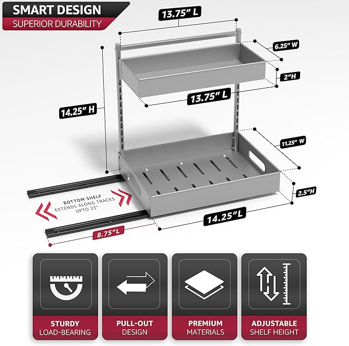 Sorbus Under Sink Organizer with Sliding Tracks – Pull Out Cabinet Organizer with Drawer & Installation Rails – Under Cabinet Bathroom Storage Organizer for Kitchen, Pantry, or Vanity –Silver 2 Pack-NeatNest