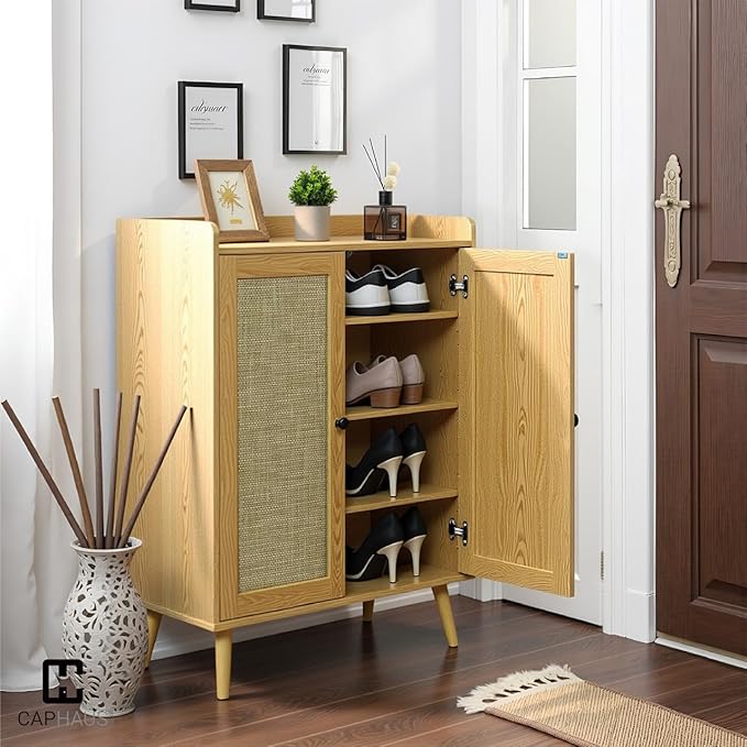 CAPHAUS 5 Tier Shoe Cabinet for Entryway, Modern Entryway Shoes Organizer w/Rattan Doors & Wooden Legs, Adjustable Shelves, Hidden Shoe Rack, Natural Oak