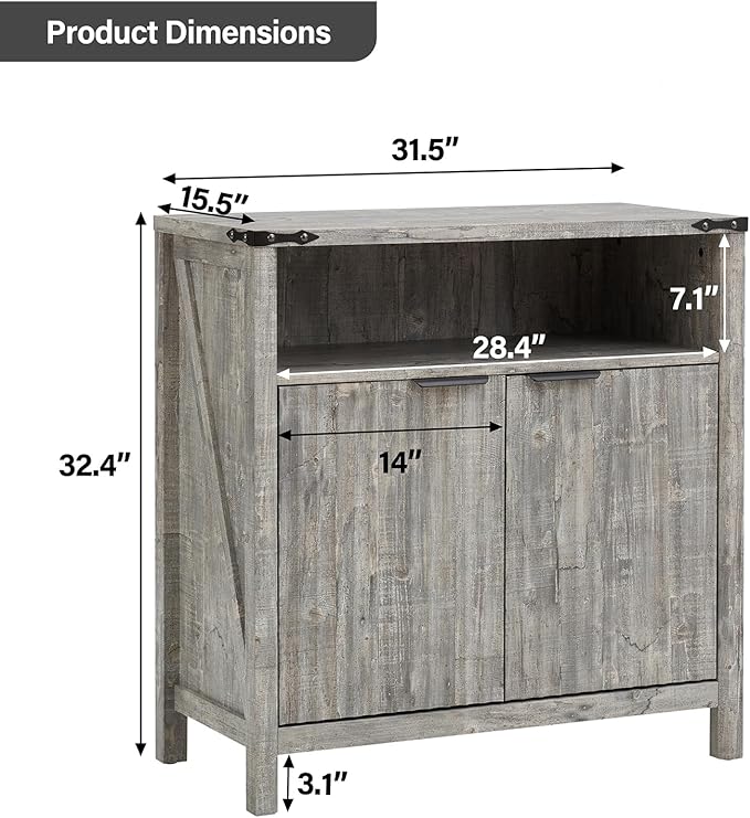 32 Inch Fluted Sideboard Buffet Cabinet with Storage, Modern Farmhouse Accent Credenza with Adjustable Shelves, Coffee Wine Bar Organizer for Kitchen, Entryway, Living Room (Grey)