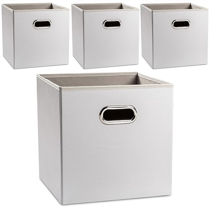 PRANDOM Leather Foldable Cube Storage Bins 13x13 inch [4-Pack] Fabric Storage Baskets Cubes Drawer with Cotton Handles Organizer for Shelves Nursery Closet Bedroom Clothes Cream-NeatNest