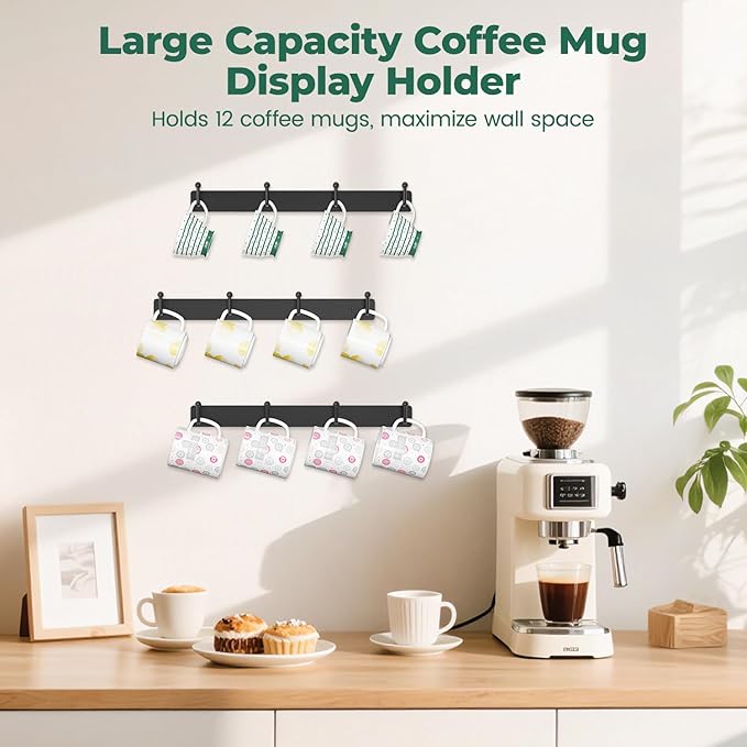 EsLuker.ly Mug Holder Rack Coffee Cup Hanger Wall Mount, Metal Wall Cup Shelf Organizer Stand with 12 Hooks, Fits Most Mugs Display for Home Kitchen, Easy to Install, Set of 3, Black-NeatNest