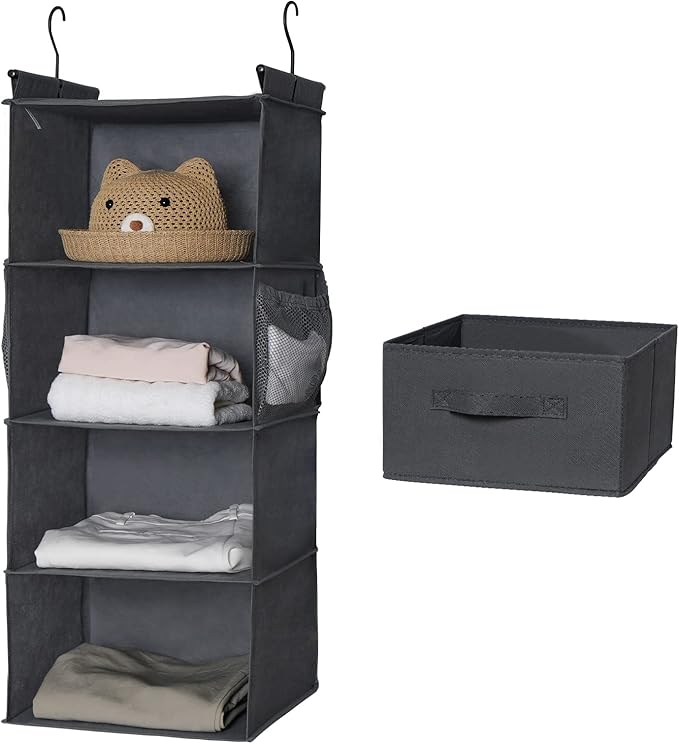MAX Houser 4-Shelf Hanging Closet Organizer, Space Saver, Cloth Hanging Shelves with 2 Side Pockets, Foldable (Grey)-NeatNest