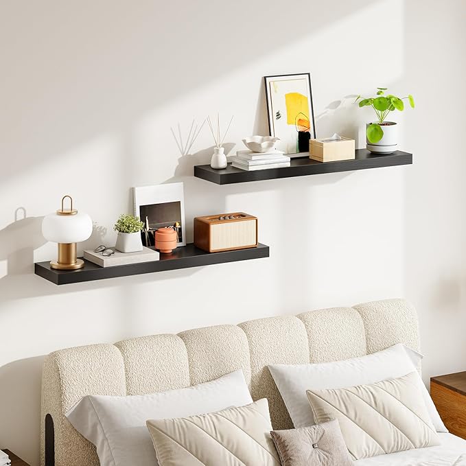 HOOBRO Floating Shelves for Wall, Wall Mounted Shelf Set of 2, 39.4" Hanging Shelf with Invisible Brackets, for Wall in Bathroom, Bedroom, Toilet, Kitchen, Livingroom, Office, Black BK100BJP201-NeatNest