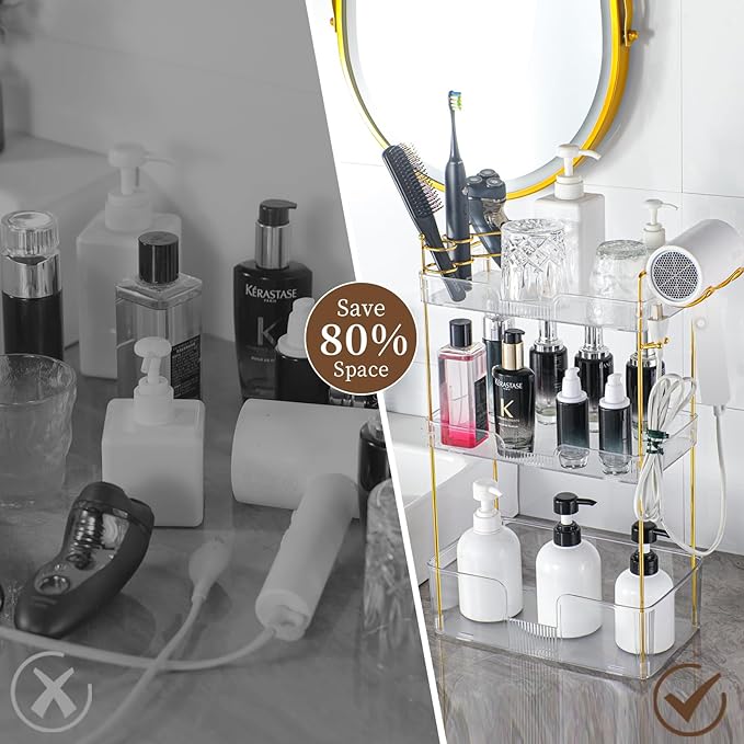 YCIA&DONE Luxury Bathroom Counter Organizer, Large Makeup Organizer Countertop, Shelf Organizer, Vanity Tray, Easily Assemble for Bathroom Organizers and Storage, Undersink, Cabinet, 3 Tiers Clear-NeatNest