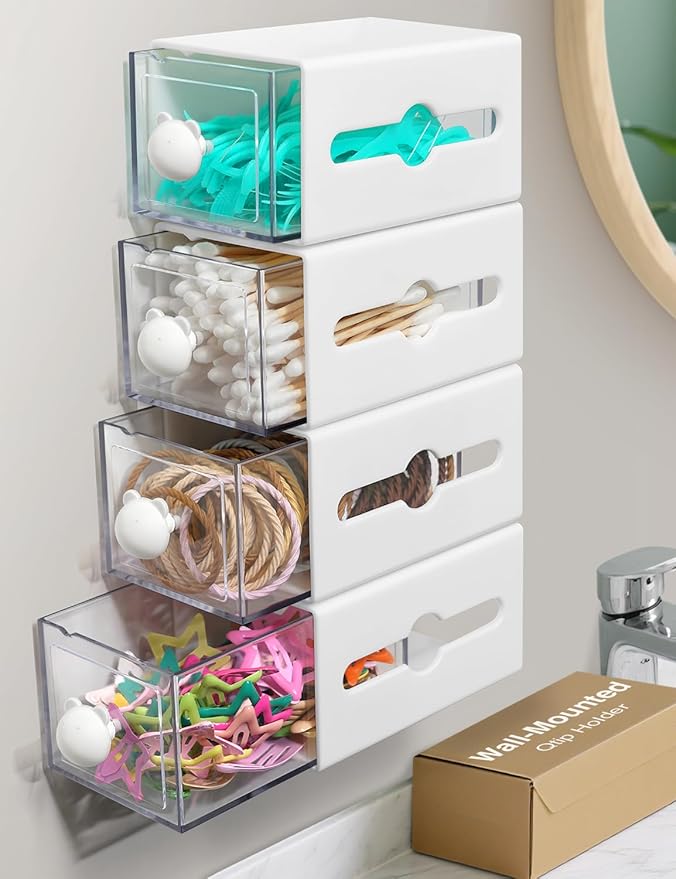 Qtip Holder for Bathroom Wall Organizer – Bathroom Decor, Dorm Room Essential, Small Q-tip Dispenser for Cotton Swabs, Balls, Pads, Floss Picks – Office Storage, Vanity Makeup Organizer (4 Pack)