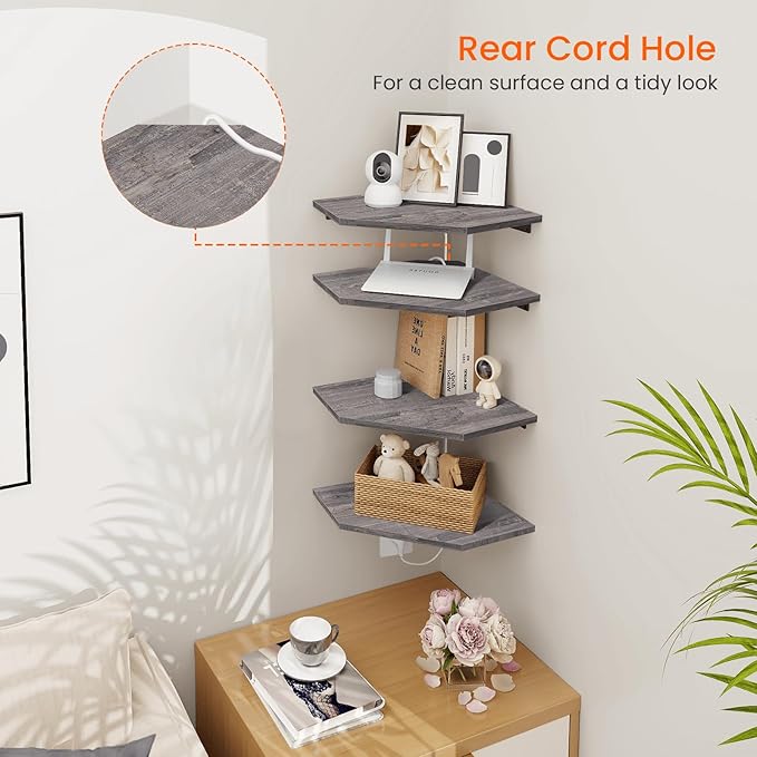 Homode Corner Shelf Wall Mount, Set of 4 Corner Floating Shelves with Cord Hole, Wall Shelf Organizer, Wood Hanging Storage Shelving for Bathroom Bedroom Kitchen, Rustic Grey-NeatNest