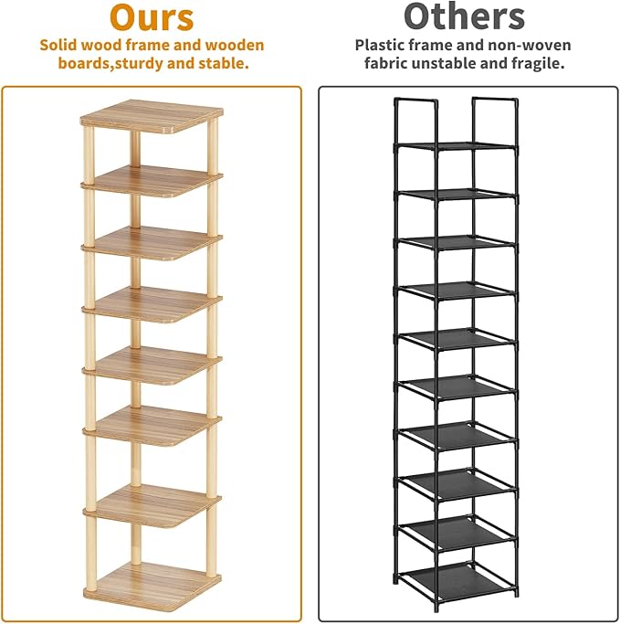 LUCKNOCK Vertical Shoe Rack, 8-Tier Tall Narrow Shoe Organizer for Entryway, Closet, Dorm & Small Spaces, Freestanding Wooden Shoe Shelf Tower for Boots, Sneakers, Heels. (Walnut)-NeatNest