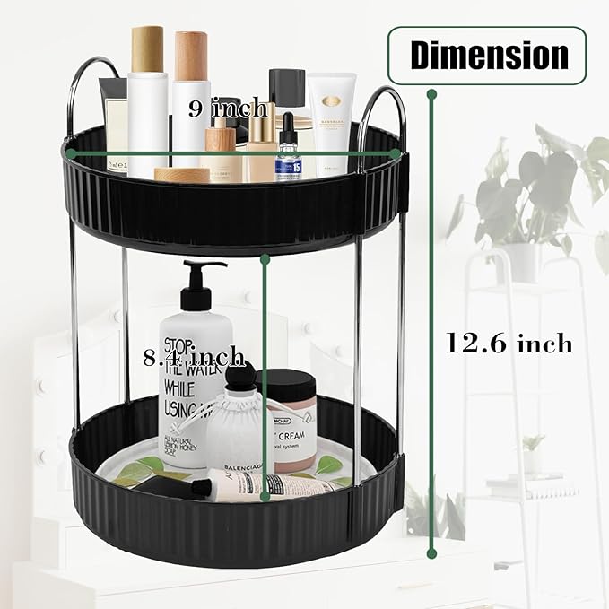Rotating Makeup Organizer Countertop 2 Tier Lazy Susan Trays Spinning Skincare Perfume Storage for Bathroom Counter Vanity, Black-NeatNest