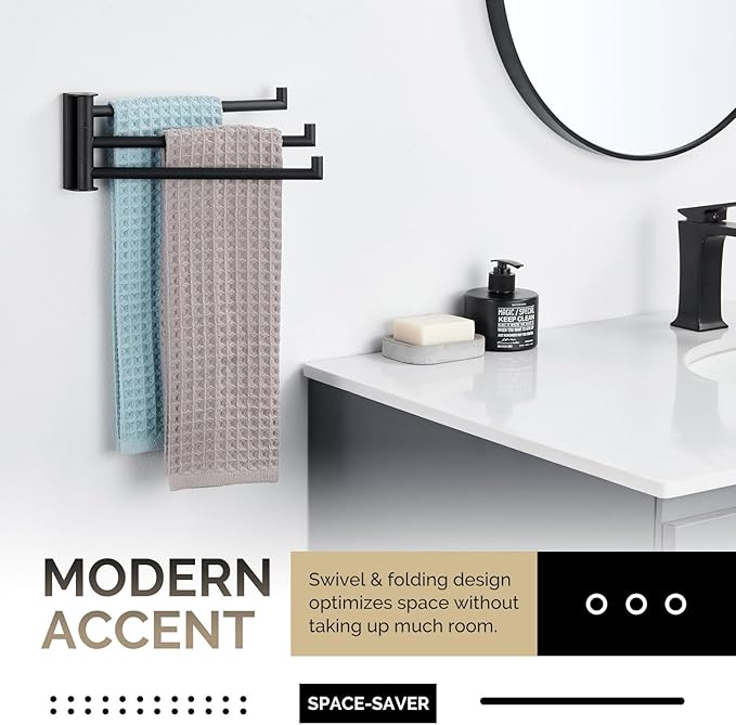 Angle Simple Swivel Hand Towel Holder, SUS 304 Stainless Steel Foldable 3 Towel Bars for Bathroom, Matte Black