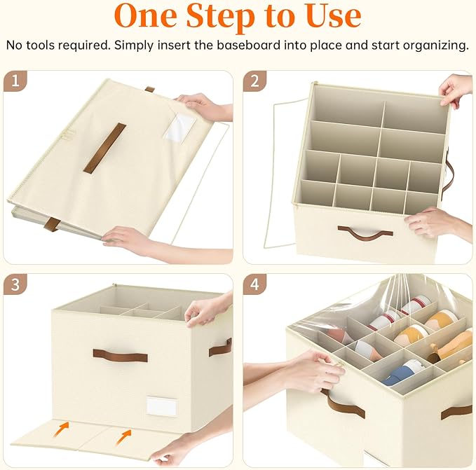 Shoe Organizer for Closet, 2 Pack Shoe Organizer with Clear Cover, Closet Shoe Storage Containers w/Adjustable Dividers, Foldable Storage Bins for Shoes, Fits 16-32 Pairs, Beige-NeatNest