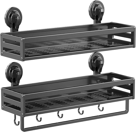 Shower Caddy Suction Cup, 15.7 inch 2 Pack Suction Shower Shelf with Hooks NO-Drilling Bathroom Holder, Rustproof Bathroom Organizer, Dark Grey