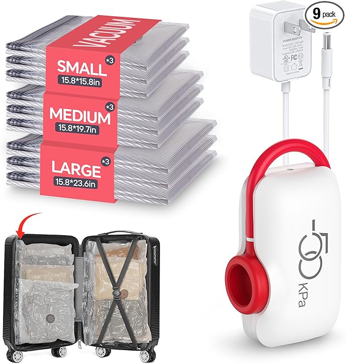 VMstr Vacuum Storage Bags for Travel with Electric Pump - 9 Pack Space Saver Compression Bags for Travel, Carry-On Size for Luggage, Compact & Reusable Organizer for Clothes Storage-NeatNest