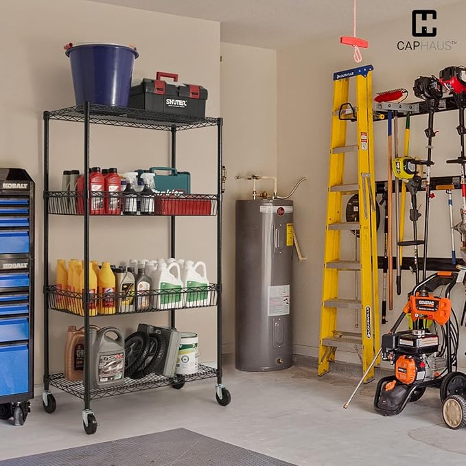 CAPHAUS NSF Commercial Heavy Duty 4 Tier Wire Shelving with Two Trapezoid Baskets, Wheels, Leveling Feet, Black Storage Shelf for Basement Garage and Utility Storage-NeatNest
