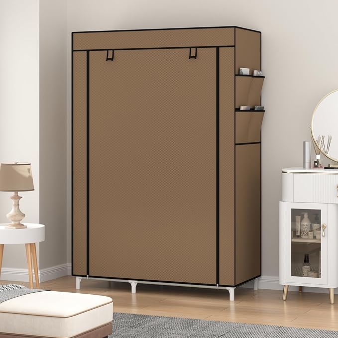 Calmootey Portable Closet Organizers, Clothing Storage, Wardrobe with 6 Shelves and Hanging Rod, Non-Woven Fabric Cover with 4 Side Pockets, Brown-NeatNest