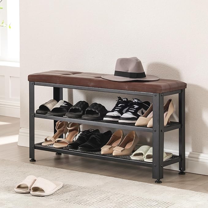Apicizon 35.5" Shoe Rack Bench, 3-Tier Entryway Bench, with Leather Seat and Metal Frame, Loads 300 lb, Suitable for Living Room, Hallway, Mudroom, Doorway, Rustic Brown-NeatNest